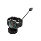 Black watch charging dock holding a smartwatch, with USB charging cable.
