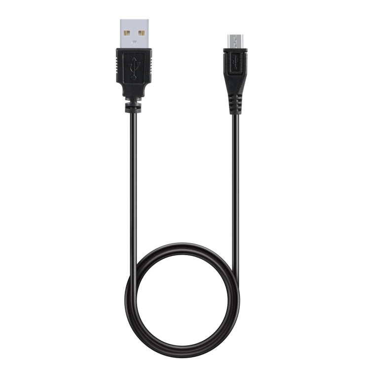 Black USB charging cable with two connectors and round charging base