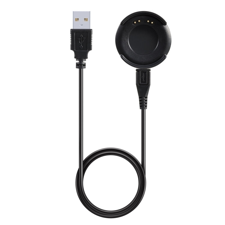 Black USB charging cable with round watch dock and two connector ends