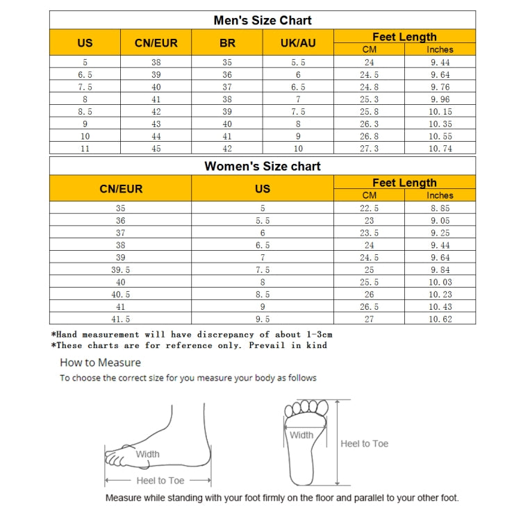 Men’s and women’s size chart with CN/EUR, UK/AU sizes, and feet length