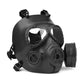 Black tactical gas mask with dual clear lenses and right-side round filter canister