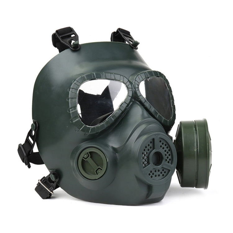 Army green gas mask with dual clear lenses and right-side round filter canister