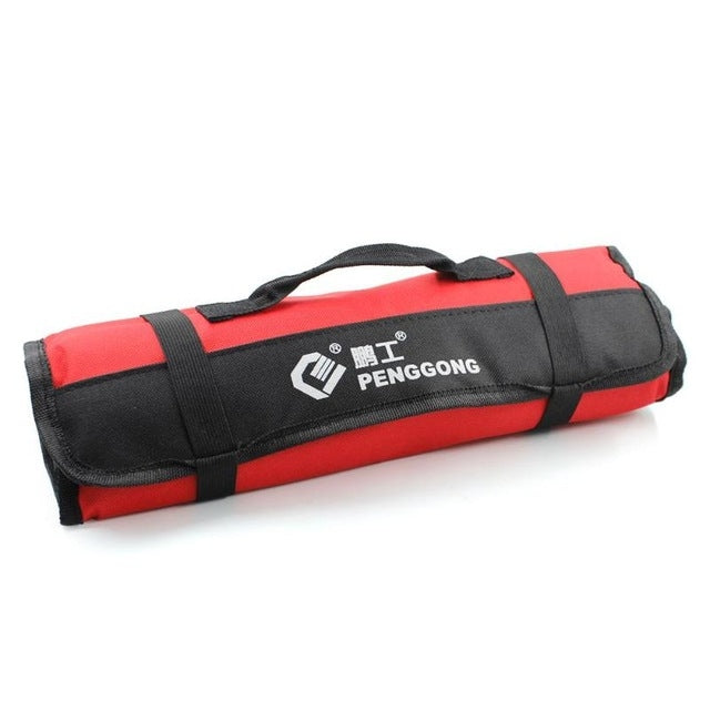 Red folding roll tool bag with black straps and handle, waterproof Oxford fabric