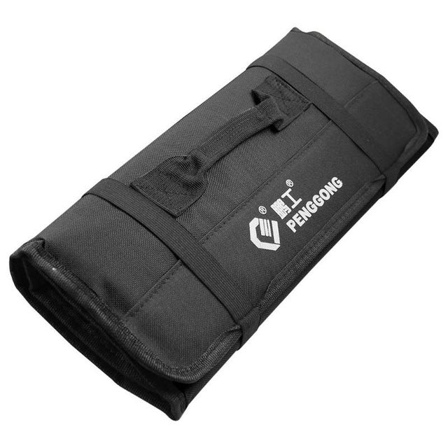 Dark gray folding roll tool bag with black straps and handle, waterproof Oxford fabric