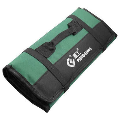 Green folding roll tool bag with black straps and handle, waterproof Oxford fabric