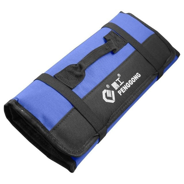Blue folding roll tool bag with black straps and handle, waterproof Oxford fabric