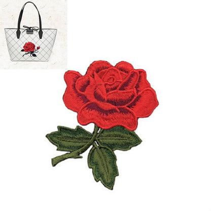 Red rose embroidery patch with green leaves, DIY clothing or crafts