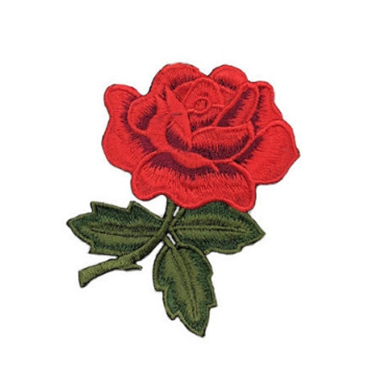 Red rose embroidery patch with dark green leaves for DIY clothing