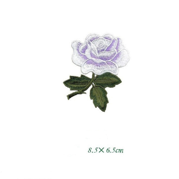 Lavender rose embroidery patch with green leaves, iron-on style