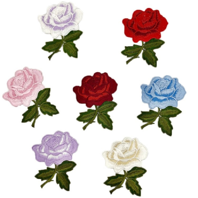Set of six rose embroidery patches in pink, red, blue, lavender, cream, and white