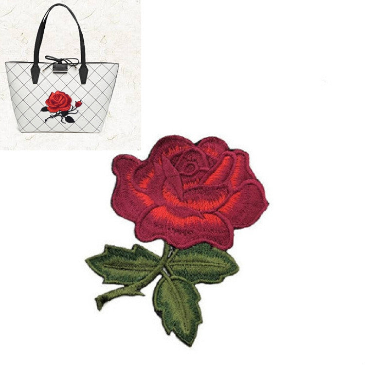 Wine-red rose embroidery patch with green leaves for DIY dress or cheongsam