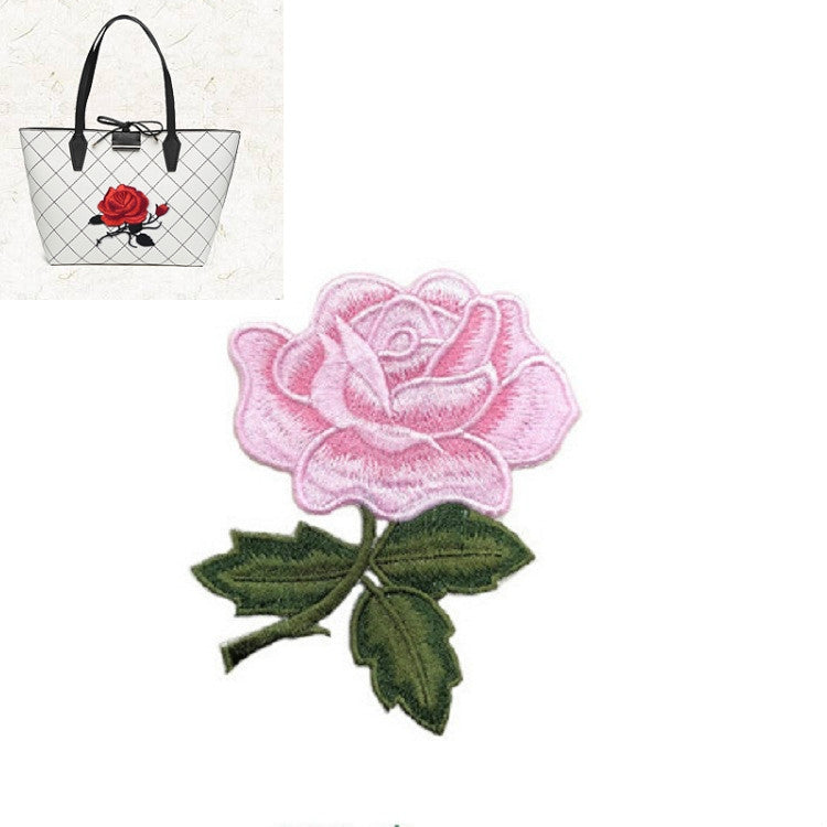Light pink rose embroidery patch with green leaves for DIY clothing
