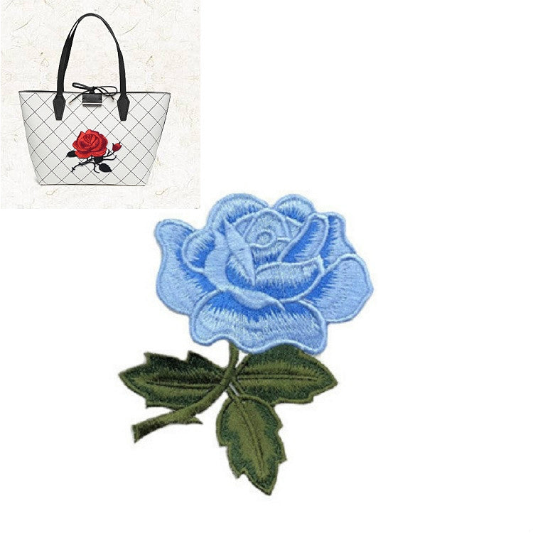 Blue rose embroidery patch with green leaves for DIY clothing