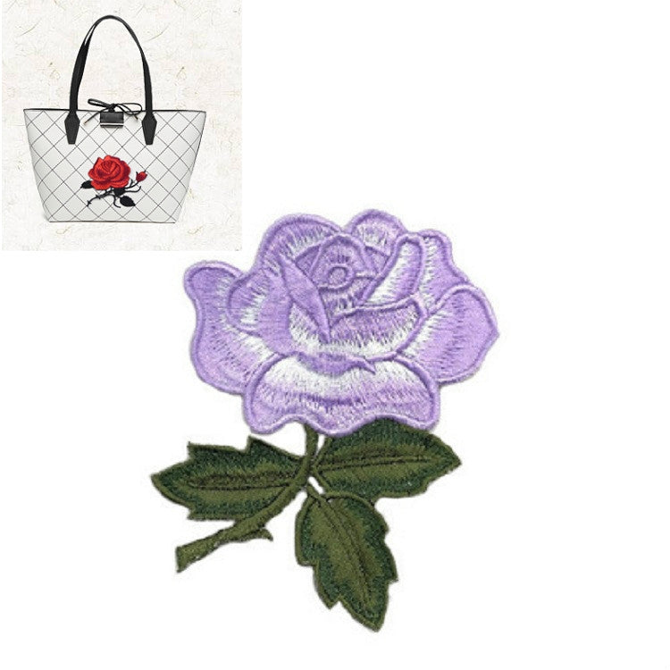 Purple rose embroidery patch with green leaves, decorative iron-on patch