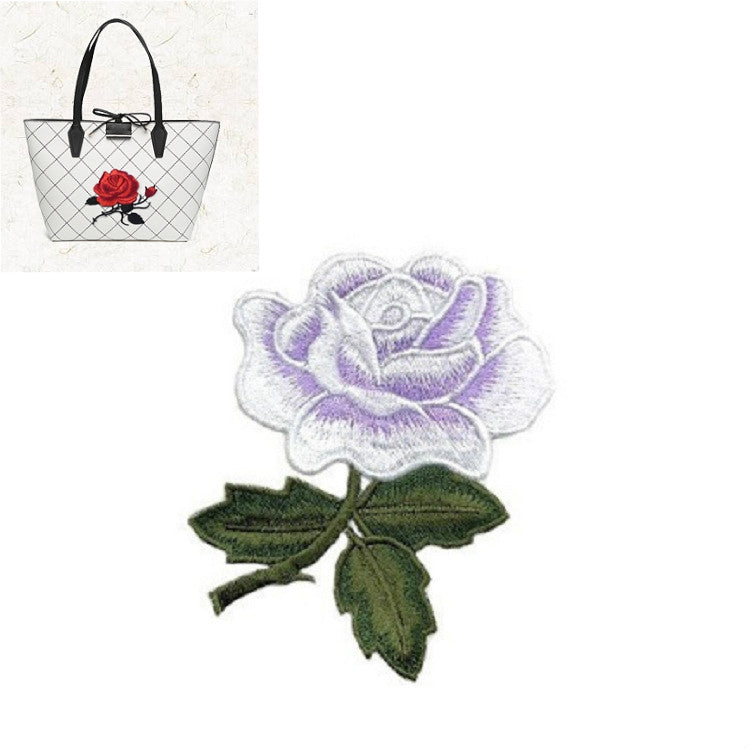Light purple rose embroidery patch with dark green leaves for DIY crafts