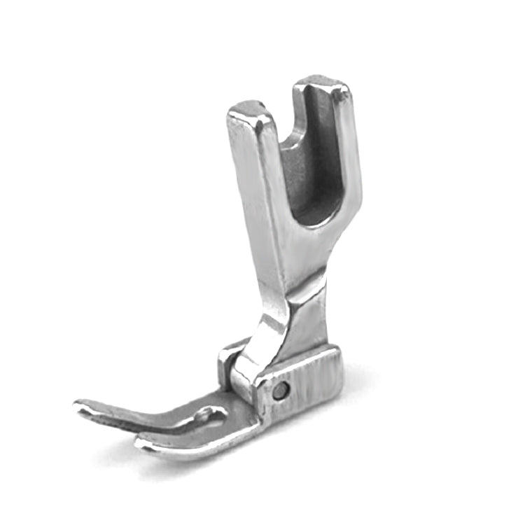 Metal sewing machine presser foot with hinged base and curved guide