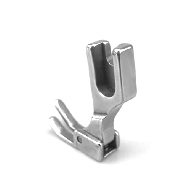 Metal sewing machine presser foot with V-shaped channel and flat base