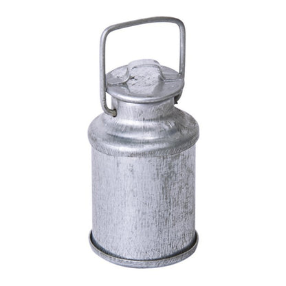Mini dollhouse metal milk jug with handle and round lid, silver-gray