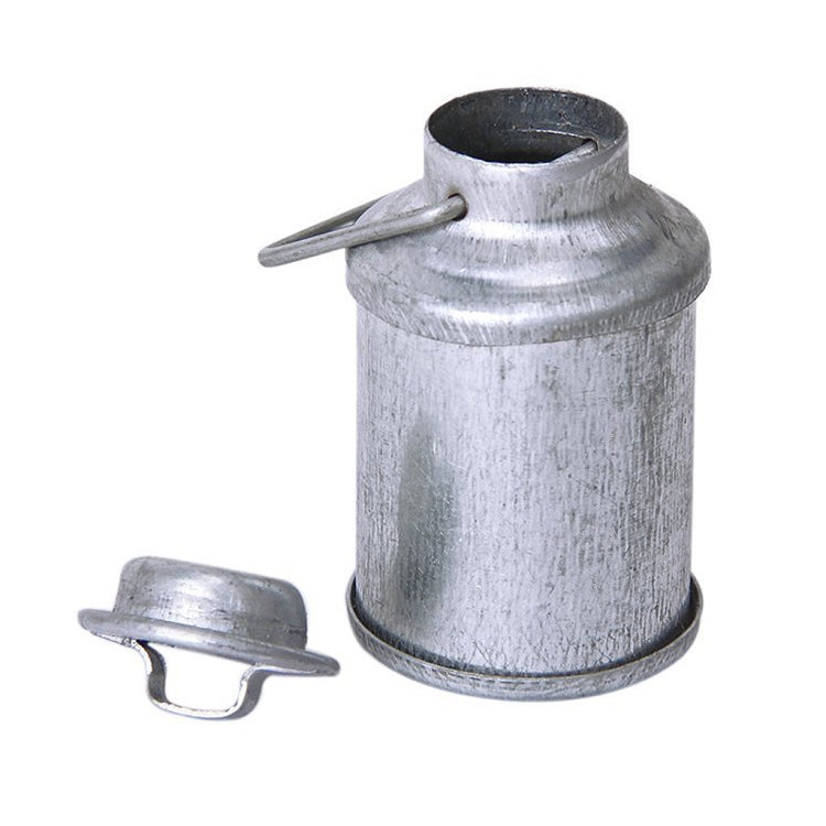 Mini dollhouse metal milk jug with side spout and detached cap, silver-gray