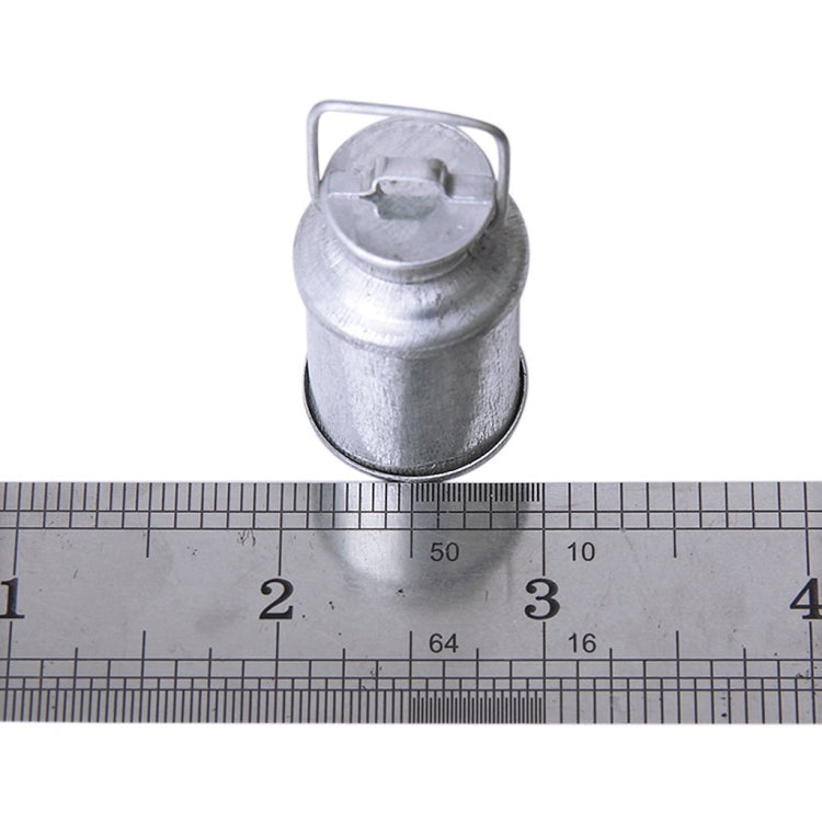 Mini dollhouse metal milk jug with arched handle and domed top, silver-gray