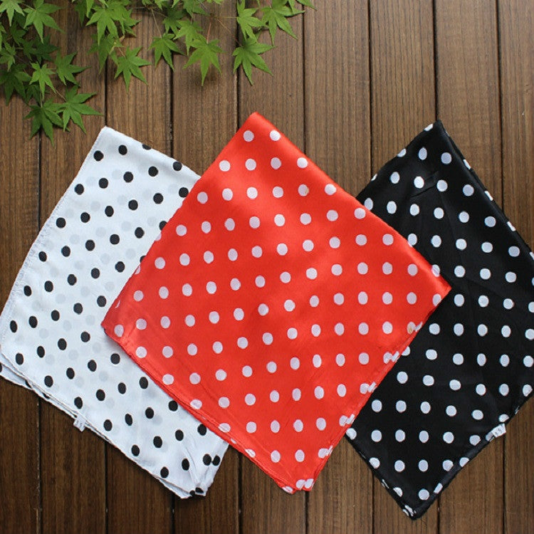 Set of square polka dot scarves: white, red, and black with white dots