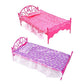 Mini doll bed set: pink and purple plastic beds with floral mattresses and lace trim