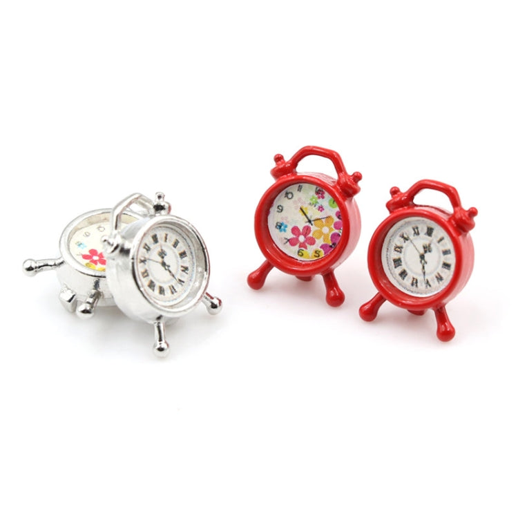 Mini alarm clock accessory set: two silver clocks and two red clocks with round dials