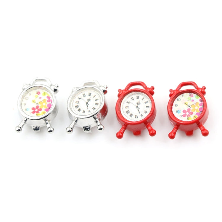 Mini alarm clock accessory, four-piece group with silver and red frames and round faces