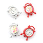 Mini alarm clock accessory, two silver and two red clocks arranged in pairs