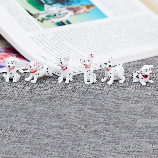 6-piece Dalmatian miniature toy set with red-collar puppies in a row