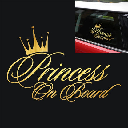 Princess On Board car decal with gold crown and script on dark backing