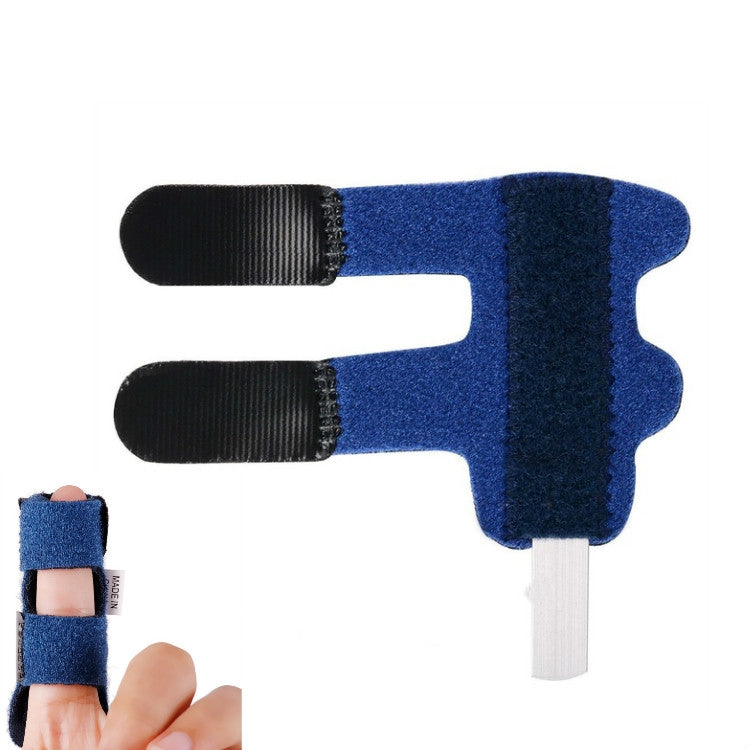 Blue finger correction splint with aluminum support and hook-and-loop straps.