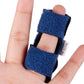 Blue finger splint worn on finger with hook-and-loop fastening.