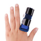 Blue finger splint on hand featuring reinforced metal support plates.