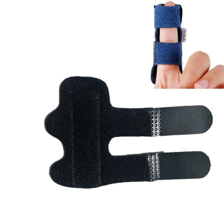Black finger correction splint with two straps and hook-and-loop fasteners.