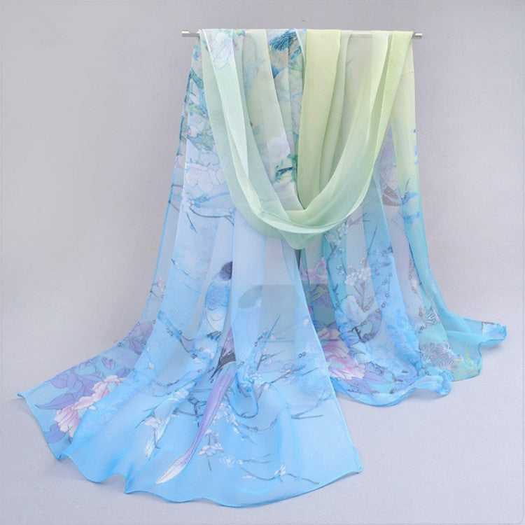 Water blue chiffon long scarf with delicate floral print, sheer lightweight shawl