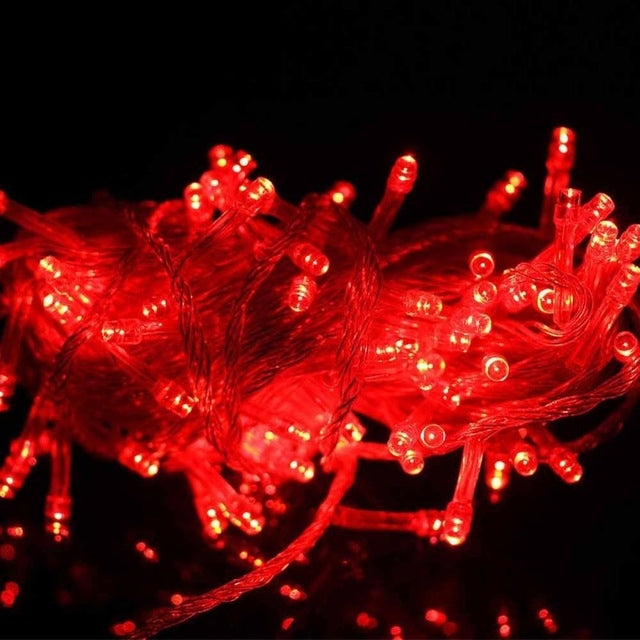 50M LED string lights with red bulbs on transparent wire, decorative garland