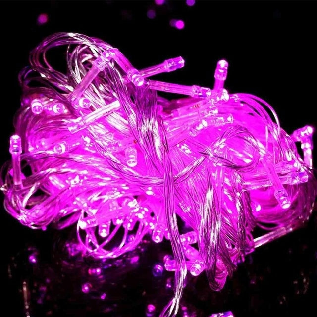 LED string lights with purple bulbs on clear wire, 400 LEDs