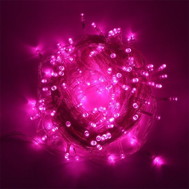LED string lights with pink-magenta bulbs on clear wire, 400 LEDs