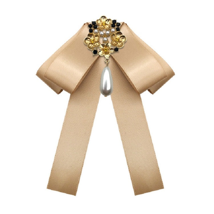 Champagne satin bow with gold pearl and rhinestone floral brooch, hanging teardrop pearl