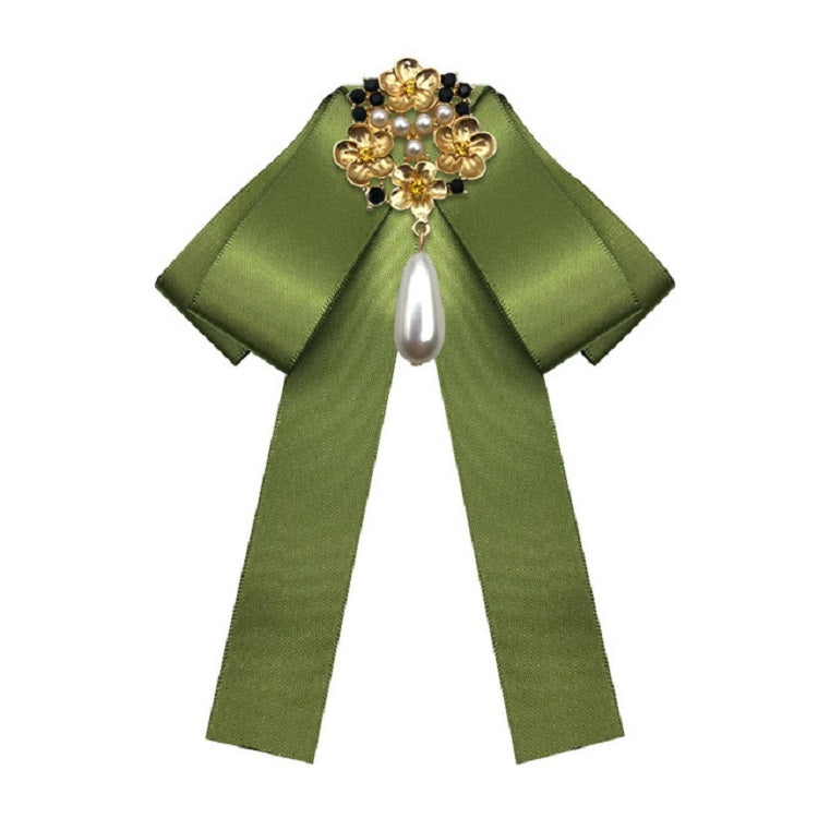 Olive green satin bow with gold pearl and rhinestone floral brooch, dangling teardrop pearl