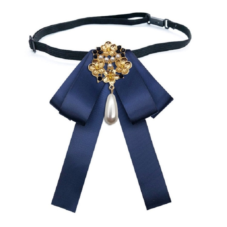 Navy satin bow brooch with pearl rhinestone floral centerpiece and teardrop pearl strap