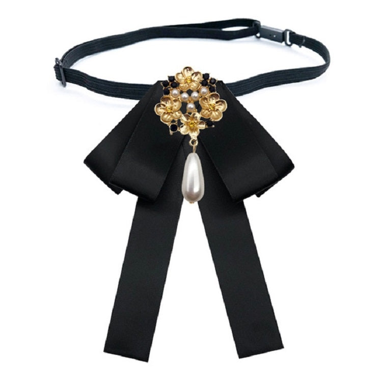 Black satin bow brooch with pearl rhinestone floral centerpiece and teardrop pearl strap
