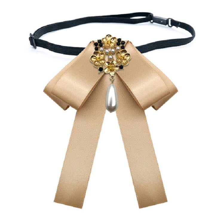 Champagne satin bow brooch with pearl rhinestone floral centerpiece and teardrop pearl strap