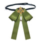 Olive green satin bow brooch with pearl rhinestone floral centerpiece and teardrop pearl strap
