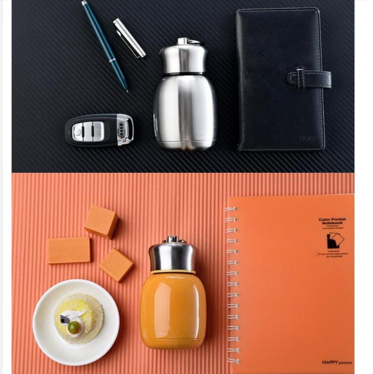 Mini vacuum flask with orange glossy body and stainless flip-top lid, compact size.