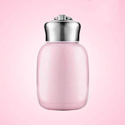 Mini vacuum flask water bottle with pink body and stainless steel flip-top lid.