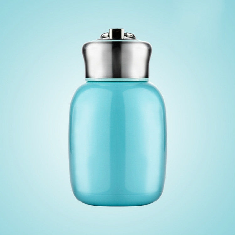 Mini vacuum flask water bottle with light blue body and stainless steel flip-top lid.
