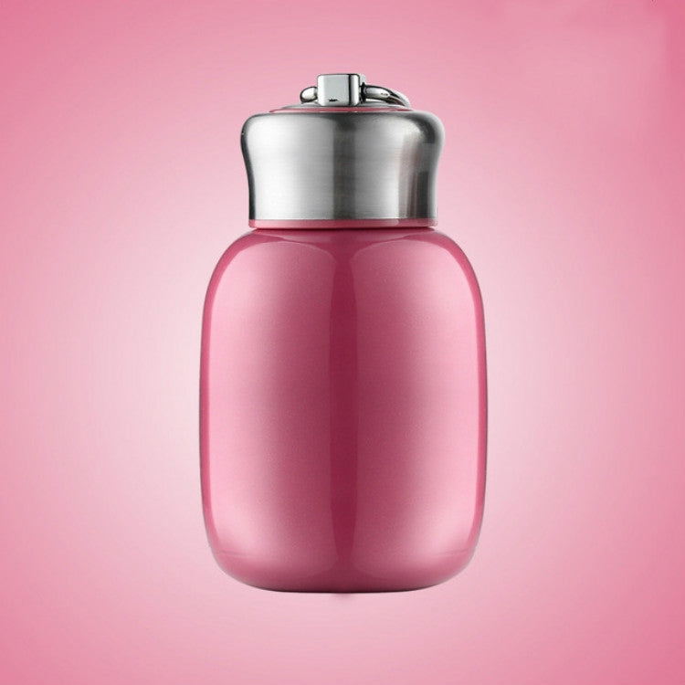 Rose pink mini vacuum flask with flip-top lid and metal carry handle