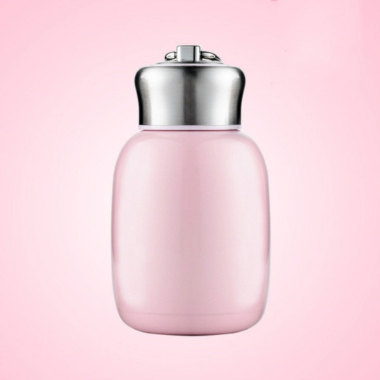 Light pink mini vacuum flask with flip-top lid and metal carry handle
